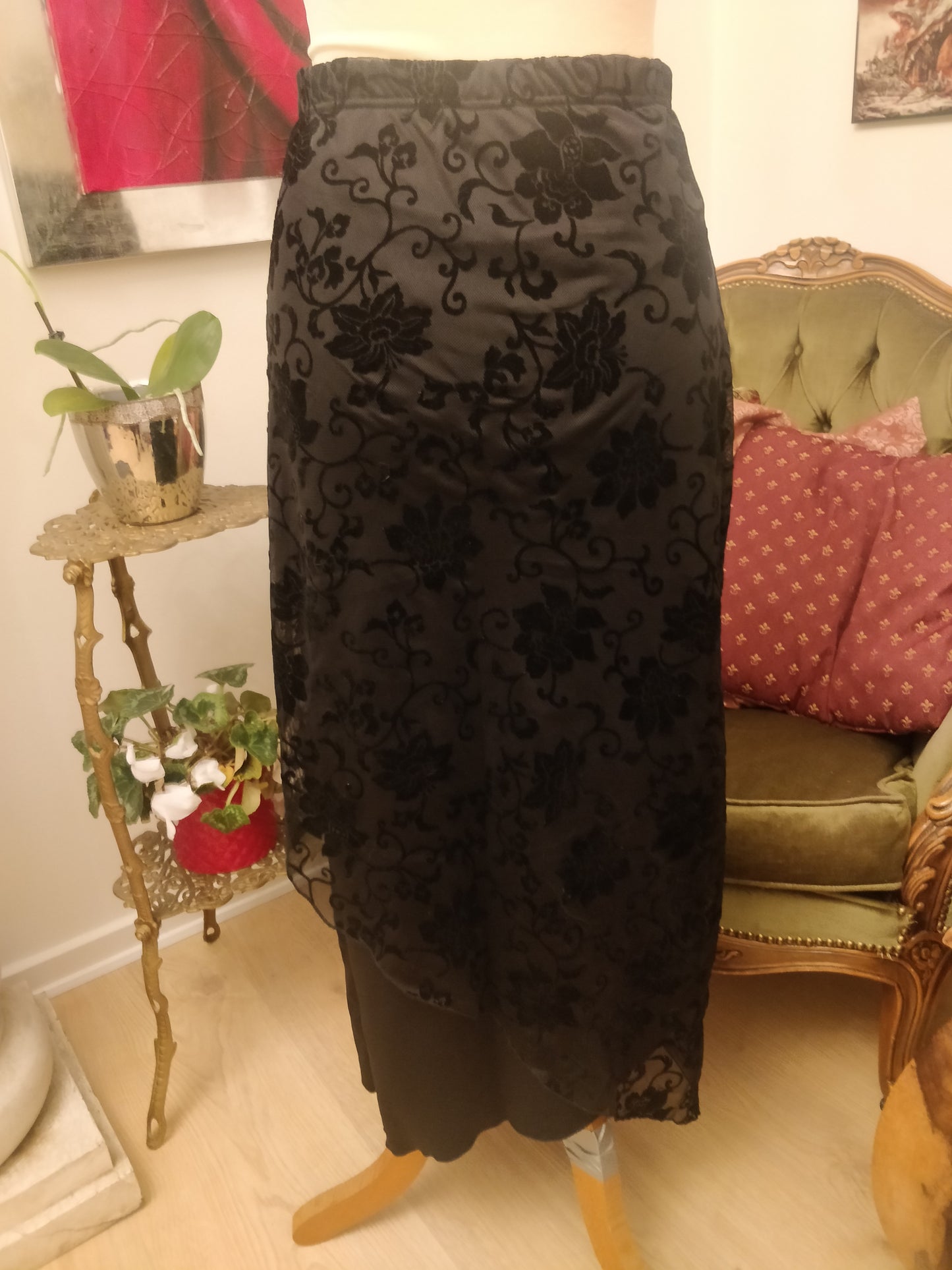 Long Black Velvet Patterned Skirt