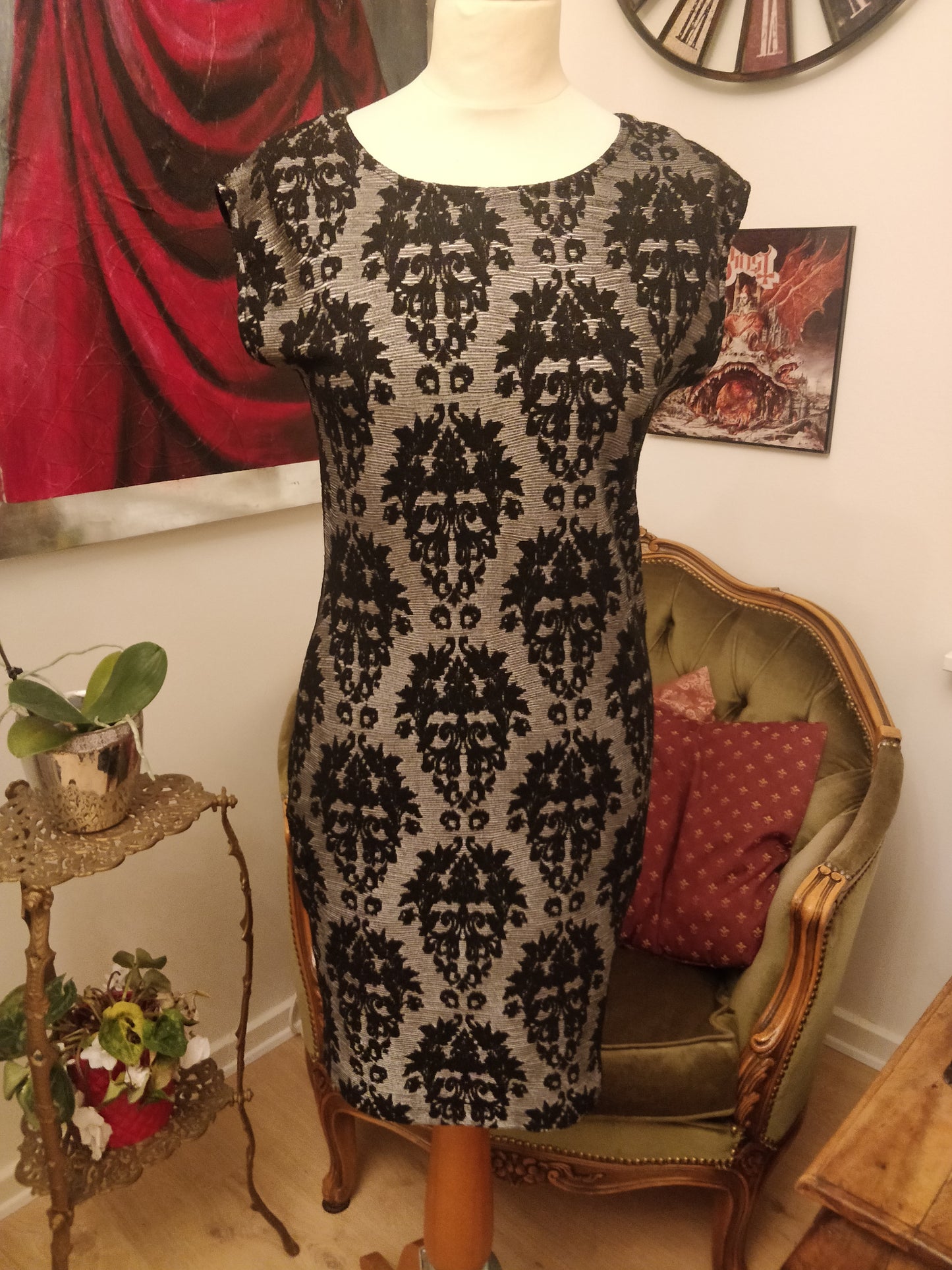 Grey And Black Brocade Dress